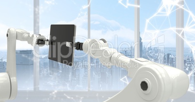 White robot claws with device against white interface and window with skyline
