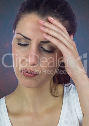 Woman stressed headache against blue background