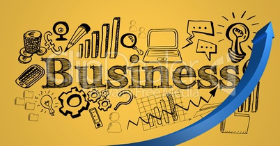 Blue arrow and black business doodles against yellow background