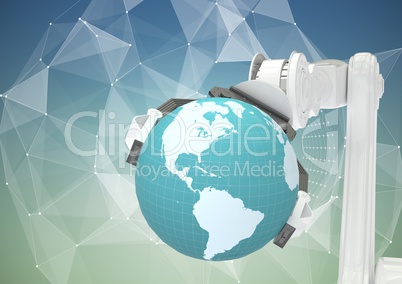 White claw holding globe against white vector mesh and blue green background
