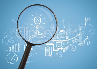 Magnifying glass against blue background with idea bulb and business graphic drawings