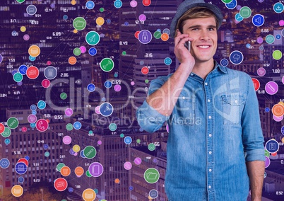 Man on phone against Night city with connectors
