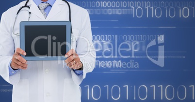Doctor with tablet against white binary code and blue background