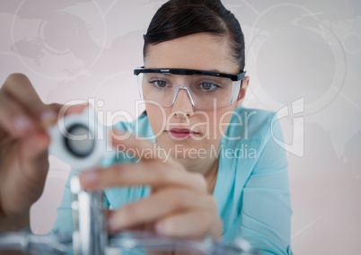 Close up of woman with electronics against white background with interface