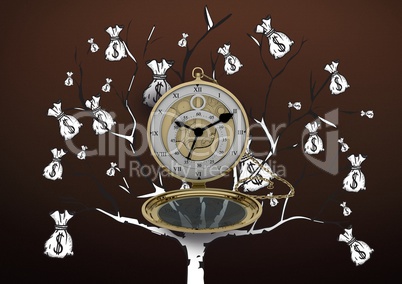 Pocket watch against Money tree on brown background