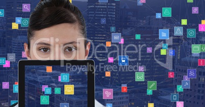 Businesswoman with tablet against Night city with connectors