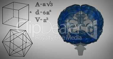 Blue brain and black math graphics against grey background