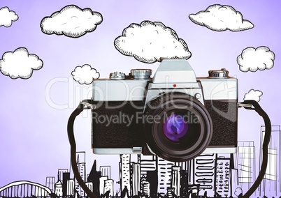 Camera against purple background with cloud and city graphic illustration drawings