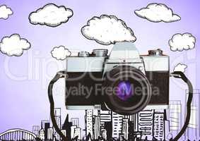 Camera against purple background with cloud and city graphic illustration drawings
