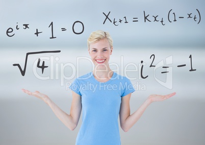 Woman choosing or deciding math equations with open palm hands