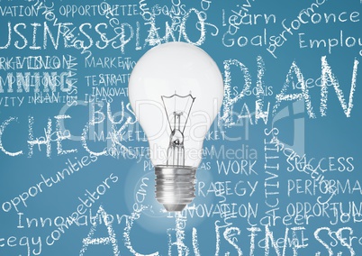 Light bulb against turqouise background with business chalk words written