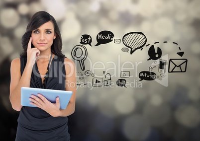 Businesswoman with social media graphic drawings
