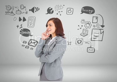 Businesswoman with social media graphic drawings