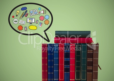 Standing books with speech bubble and graphics against green background