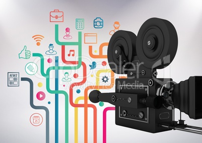 3D Film Camera against grey background with social media icon illustrations