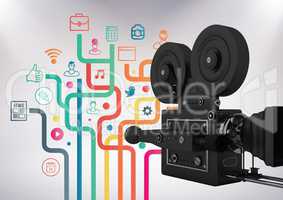 3D Film Camera against grey background with social media icon illustrations