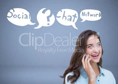Woman on phone with social network chat Business graphics drawings