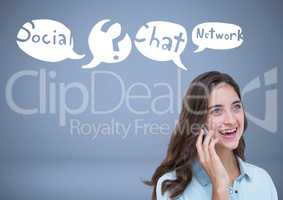 Woman on phone with social network chat Business graphics drawings