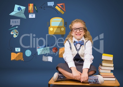 Young girl with books and education graphic drawings