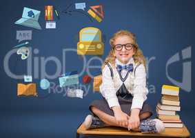 Young girl with books and education graphic drawings