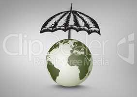 Earth world under umbrella drawings against grey background