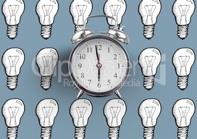 Clock with light bulb drawings against blue background