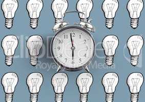 Clock with light bulb drawings against blue background