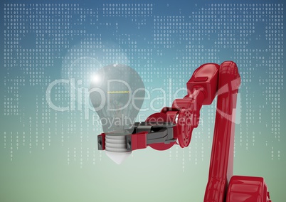 Red robot claw with light bulb and flare against white interface against blue green background