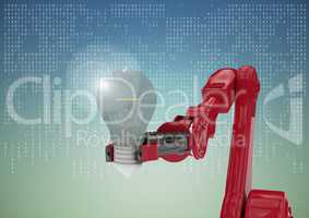 Red robot claw with light bulb and flare against white interface against blue green background