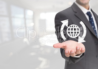 Open palm business hand with globe world icon and around arrows against white background