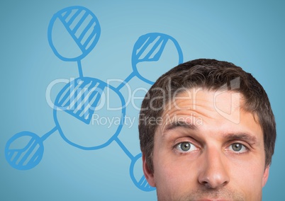 Top of man's head against blue graph and background