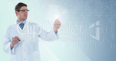Man in lab coat and goggles with pen holding up glass device against blue background with white bina