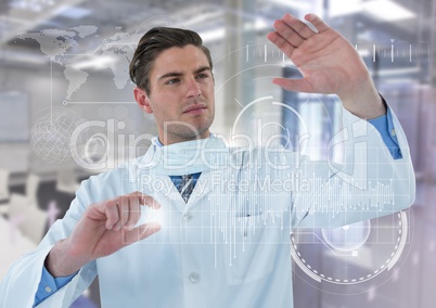 Man in lab coat behind white graph and flare against white interface and blurry lab
