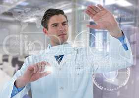 Man in lab coat behind white graph and flare against white interface and blurry lab