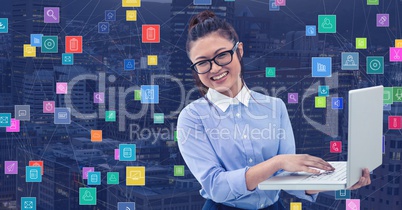 Businesswoman with laptop against Night city with connectors