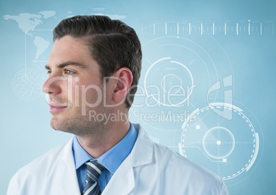 Man in lab coat looking to side against white interface and blue background
