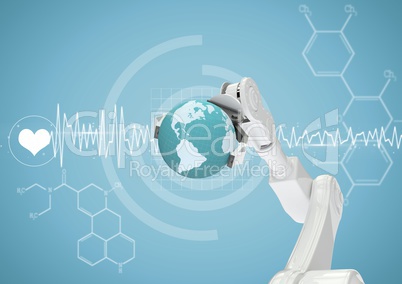 White robot claw with globe against white medical interface and blue background