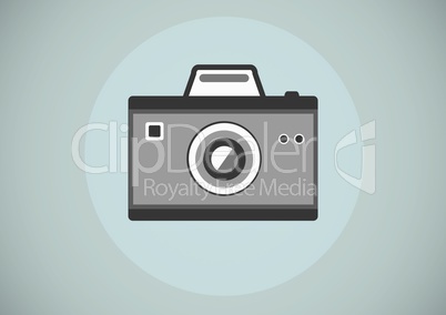 grey camera illustration icon in circle against blue background