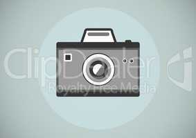 grey camera illustration icon in circle against blue background