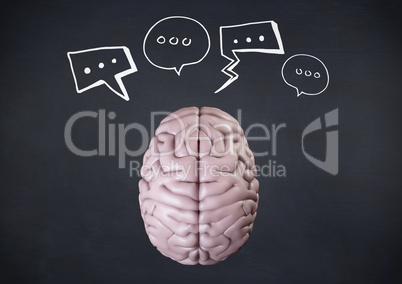 Pink brain with white speech bubbles against navy chalkboard