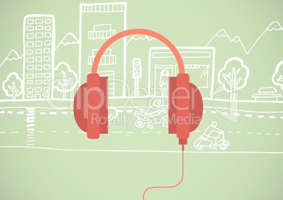 Red headphone illustration icon in cirlce against green background with street drawing