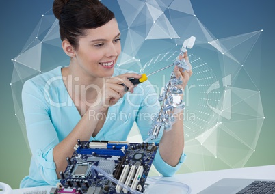 Woman with electronics against blue green background with vector mesh
