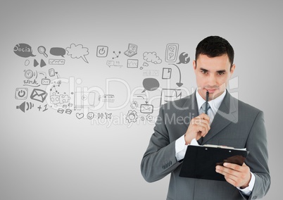 Businessman with social media graphics drawings