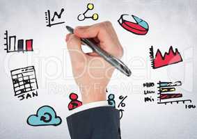 Hand with pen and pink blue yellow business doodles against white wall
