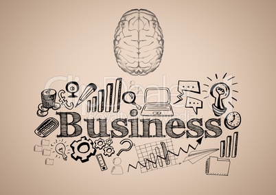 Transparent brain with black business doodles against cream background