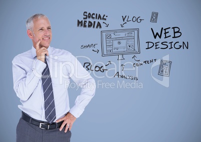 Businessman with social media design graphics drawings