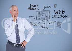 Businessman with social media design graphics drawings