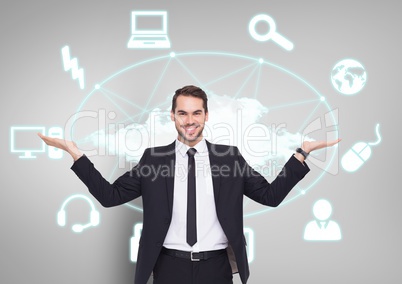 Man choosing or deciding with open palms hands network connected technology icons