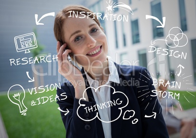 Business woman on phone with white business doodles