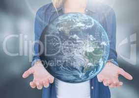 Womans open palm hands holding world earth globe